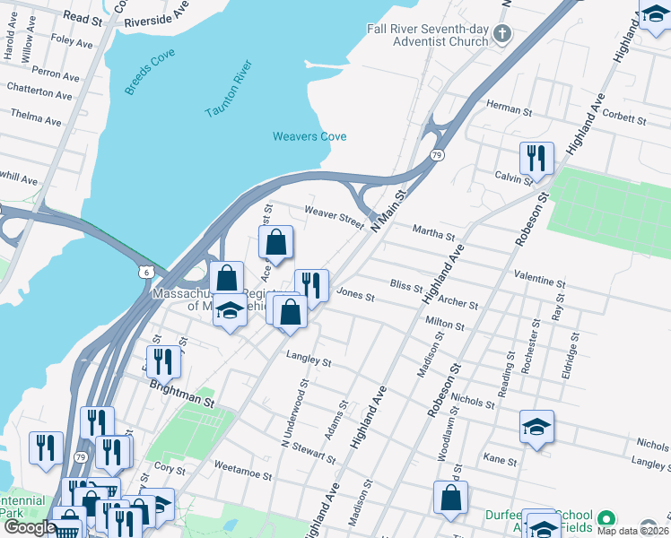 map of restaurants, bars, coffee shops, grocery stores, and more near 1928 North Main Street in Fall River