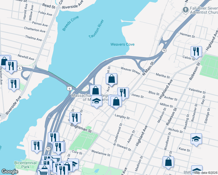map of restaurants, bars, coffee shops, grocery stores, and more near 2-114 Ace St in Fall River