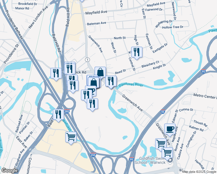 map of restaurants, bars, coffee shops, grocery stores, and more near 255 Lambert Lind Highway in Warwick