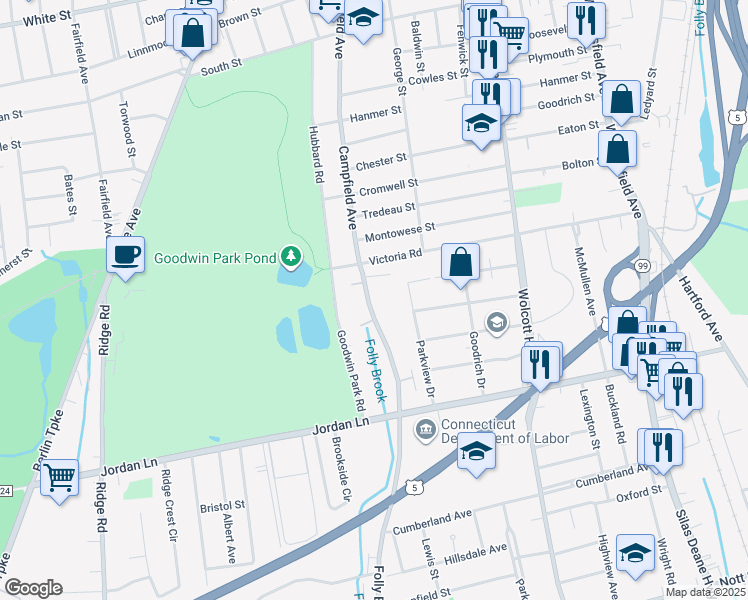 map of restaurants, bars, coffee shops, grocery stores, and more near 50 Folly Brook Boulevard in Wethersfield