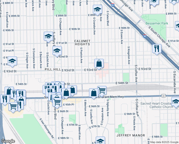 map of restaurants, bars, coffee shops, grocery stores, and more near 9322 South Crandon Avenue in Chicago