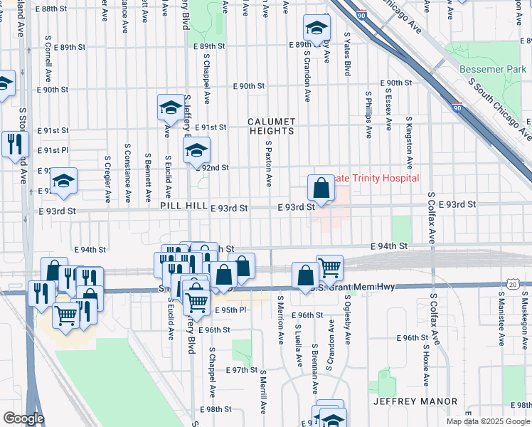 map of restaurants, bars, coffee shops, grocery stores, and more near 9319 South Merrill Avenue in Chicago