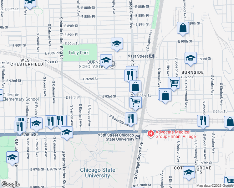 map of restaurants, bars, coffee shops, grocery stores, and more near 9301 South Lyon Avenue in Chicago