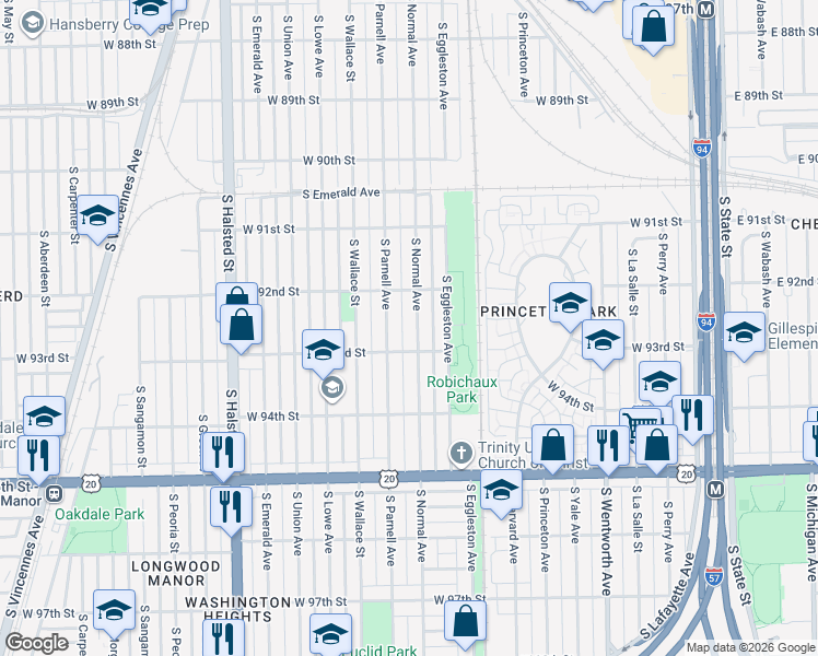map of restaurants, bars, coffee shops, grocery stores, and more near 9251 South Normal Avenue in Chicago