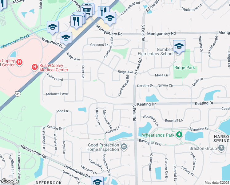 map of restaurants, bars, coffee shops, grocery stores, and more near 1713 Cumberland Road in Aurora