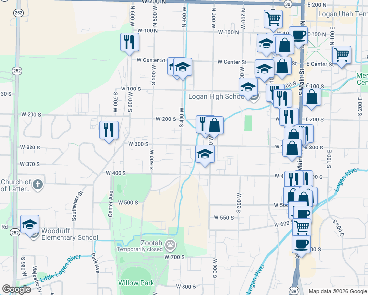 map of restaurants, bars, coffee shops, grocery stores, and more near 322 370 West in Logan