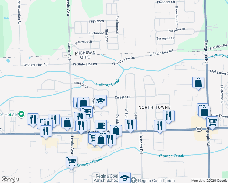 map of restaurants, bars, coffee shops, grocery stores, and more near 6003 Davida Drive in Toledo