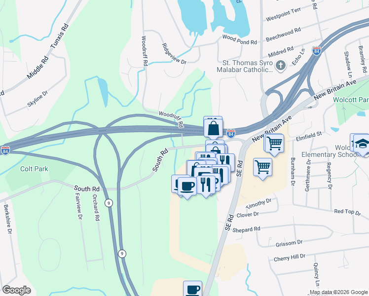 map of restaurants, bars, coffee shops, grocery stores, and more near 314 South Road in Farmington