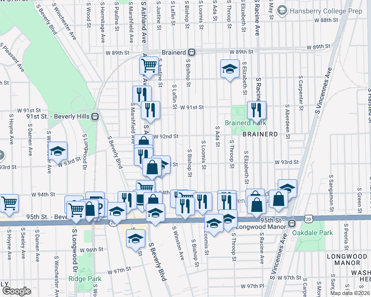 map of restaurants, bars, coffee shops, grocery stores, and more near 9224 South Bishop Street in Chicago