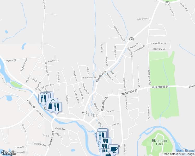 map of restaurants, bars, coffee shops, grocery stores, and more near 100 Phenix Avenue in West Warwick