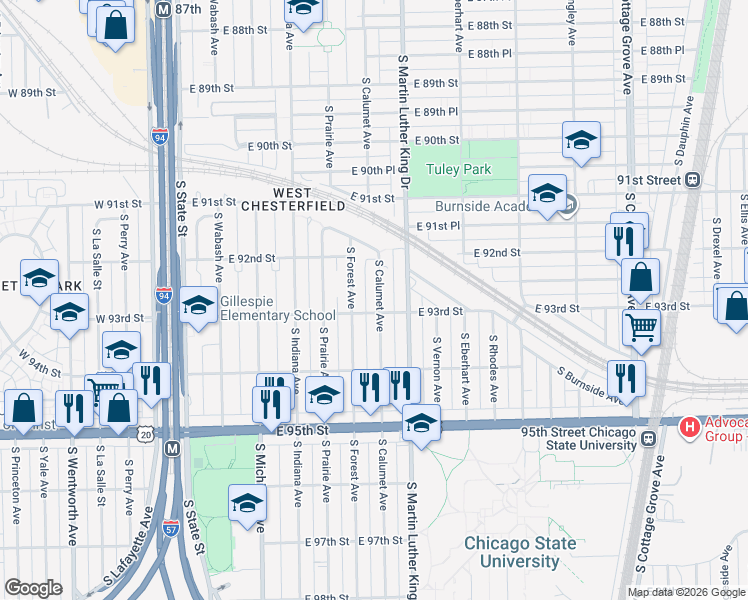 map of restaurants, bars, coffee shops, grocery stores, and more near 9254 South Calumet Avenue in Chicago