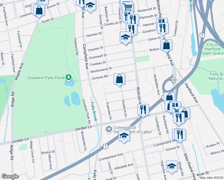 map of restaurants, bars, coffee shops, grocery stores, and more near 63 Reed Drive in Wethersfield