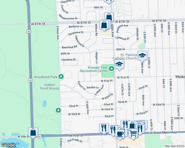 map of restaurants, bars, coffee shops, grocery stores, and more near 8937 West Maple Lane in Hickory Hills
