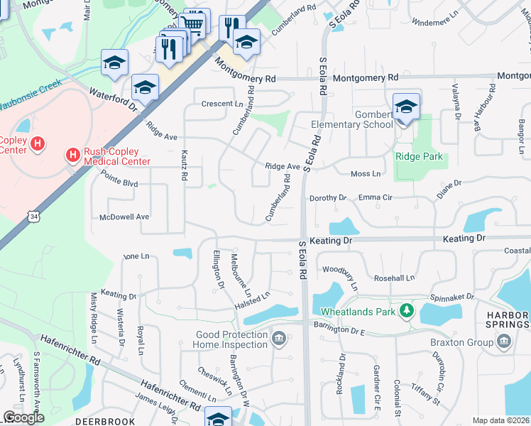 map of restaurants, bars, coffee shops, grocery stores, and more near 1713 Cumberland Road in Aurora