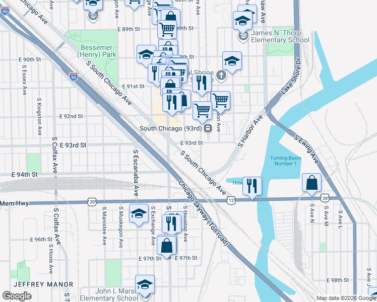 map of restaurants, bars, coffee shops, grocery stores, and more near 9337 S South Chicago Avenue in Chicago