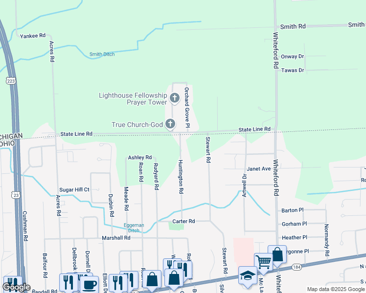 map of restaurants, bars, coffee shops, grocery stores, and more near 6082 Huntington Road in Sylvania