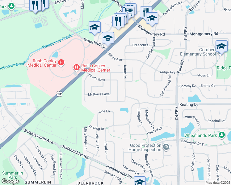 map of restaurants, bars, coffee shops, grocery stores, and more near 2165 Pointe Boulevard in Aurora