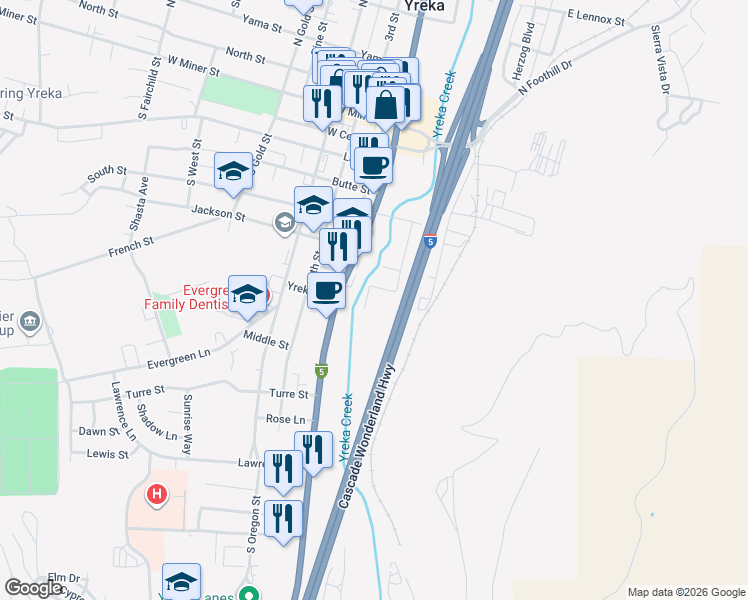 map of restaurants, bars, coffee shops, grocery stores, and more near 119 Juvenile Ln in Yreka