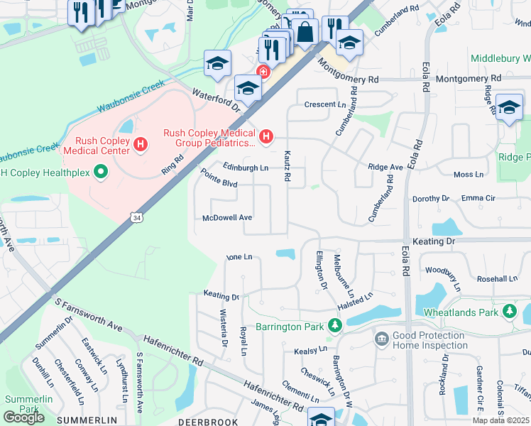 map of restaurants, bars, coffee shops, grocery stores, and more near 2165 Pointe Boulevard in Aurora