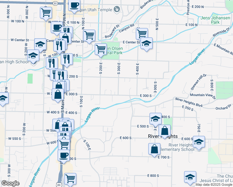 map of restaurants, bars, coffee shops, grocery stores, and more near 295 East 300 South in Logan