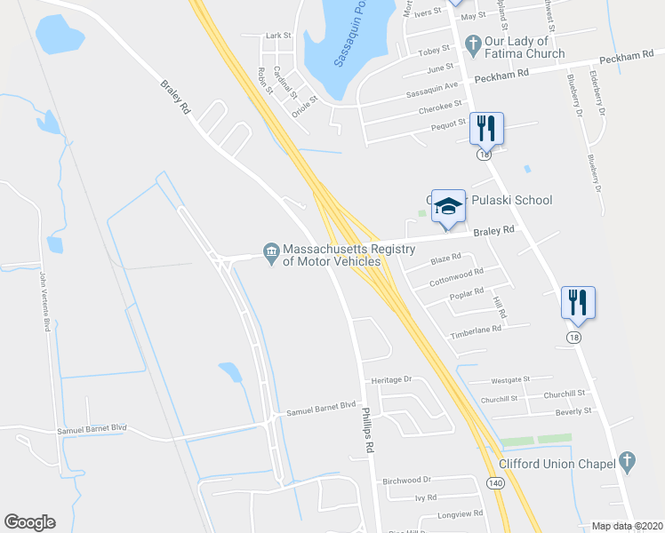 map of restaurants, bars, coffee shops, grocery stores, and more near 1230 Braley Road in New Bedford
