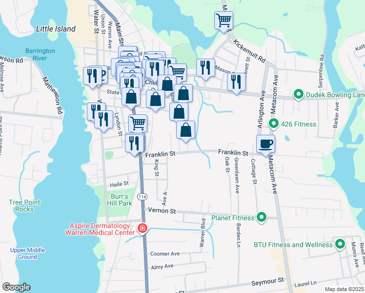map of restaurants, bars, coffee shops, grocery stores, and more near 60 Franklin Street in Warren