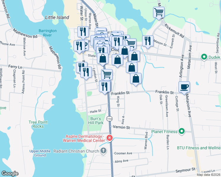 map of restaurants, bars, coffee shops, grocery stores, and more near 676 Main Street in Warren
