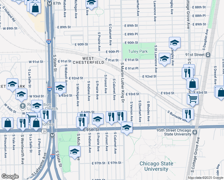 map of restaurants, bars, coffee shops, grocery stores, and more near 9301 South Forest Avenue in Chicago