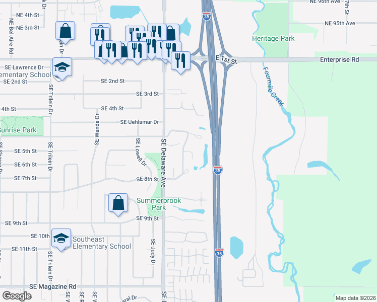 map of restaurants, bars, coffee shops, grocery stores, and more near 1201 Southeast Mill Pond Court in Ankeny