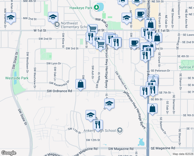 map of restaurants, bars, coffee shops, grocery stores, and more near 606 Southwest Maple Street in Ankeny
