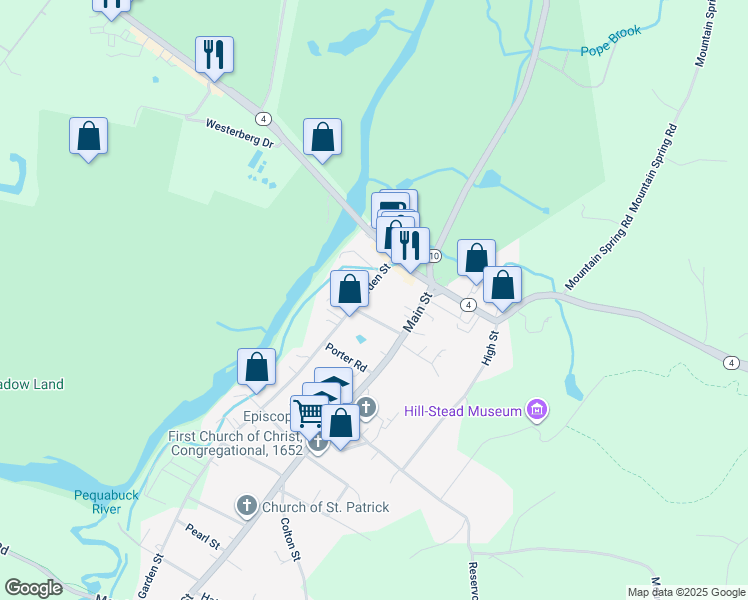 map of restaurants, bars, coffee shops, grocery stores, and more near 43 Garden Street in Farmington