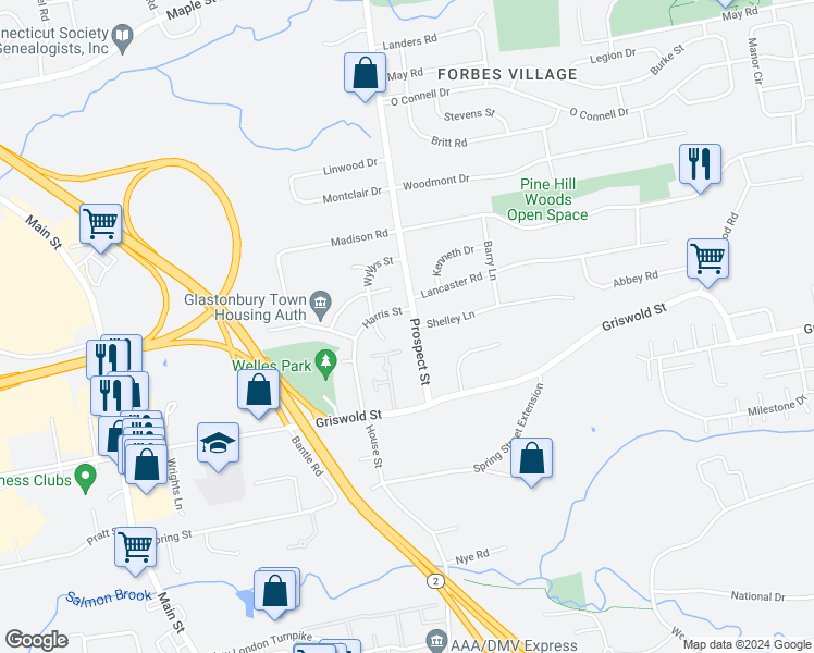 map of restaurants, bars, coffee shops, grocery stores, and more near 67 Prospect Street in Glastonbury