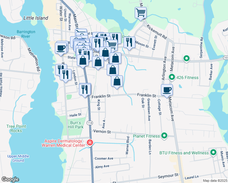 map of restaurants, bars, coffee shops, grocery stores, and more near 106 Cutler Street in Warren