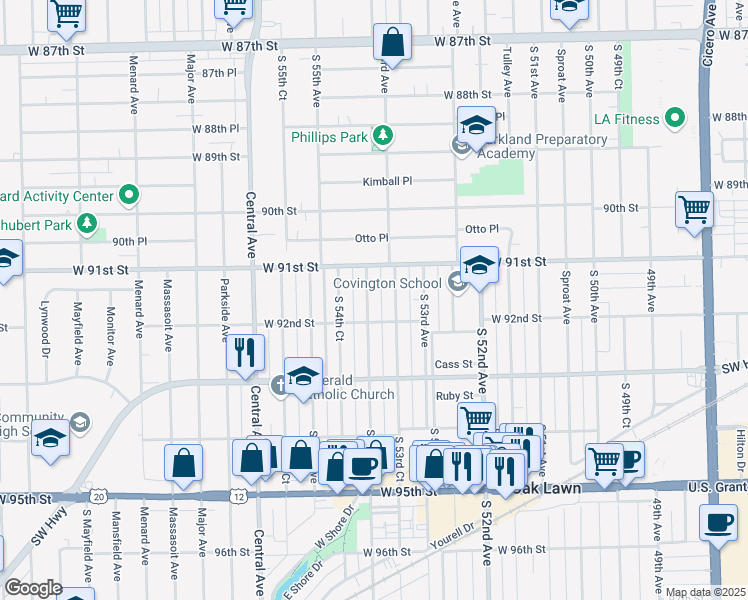 map of restaurants, bars, coffee shops, grocery stores, and more near 9129 South 54th Avenue in Oak Lawn