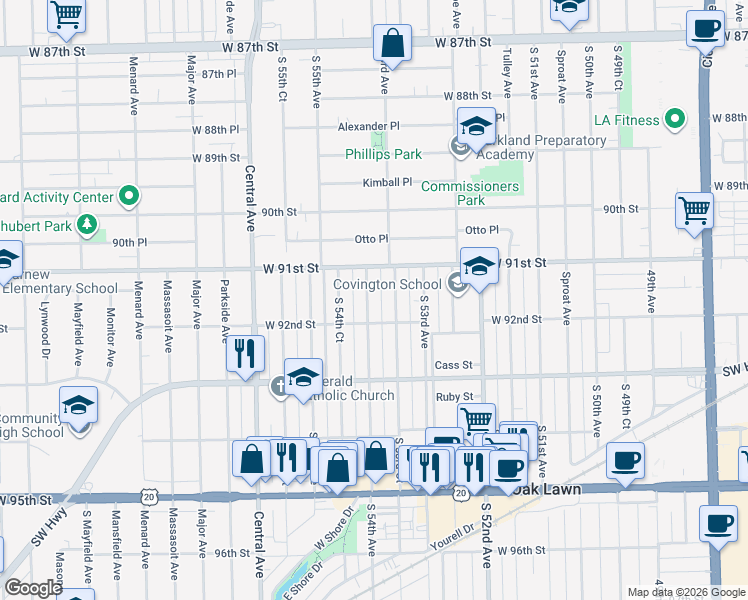 map of restaurants, bars, coffee shops, grocery stores, and more near 9129 South 54th Avenue in Oak Lawn