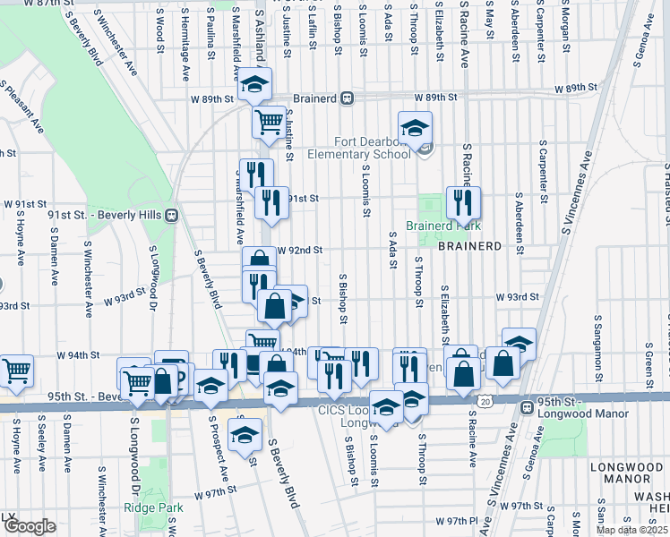map of restaurants, bars, coffee shops, grocery stores, and more near 9218 South Bishop Street in Chicago