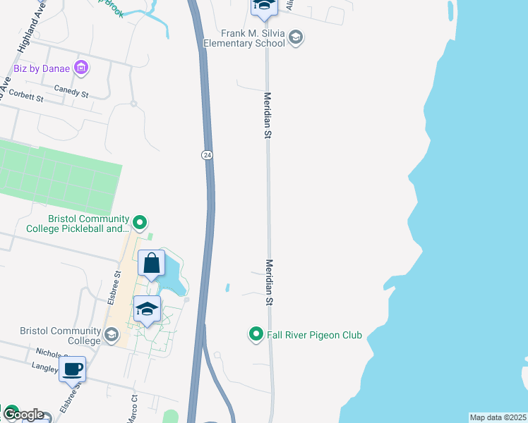map of restaurants, bars, coffee shops, grocery stores, and more near 1250 Meridian Street in Fall River