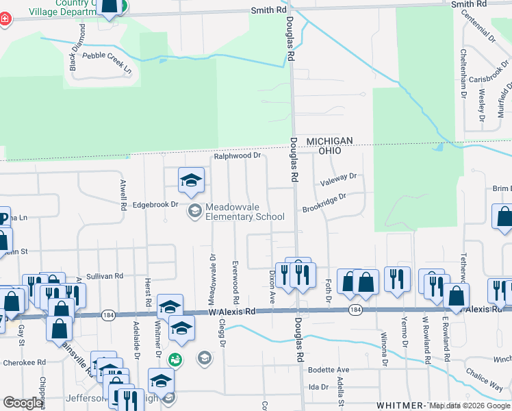 map of restaurants, bars, coffee shops, grocery stores, and more near 2642 Elmridge Road in Toledo