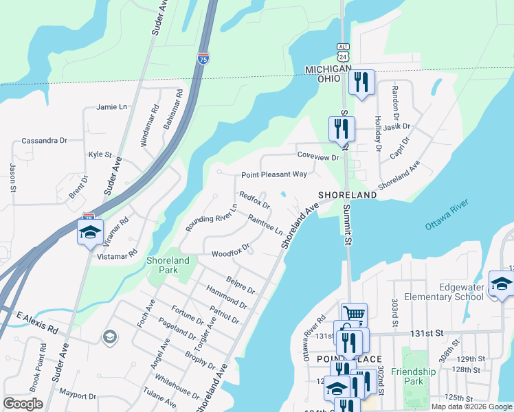 map of restaurants, bars, coffee shops, grocery stores, and more near 2536 Shallowford Drive in Toledo
