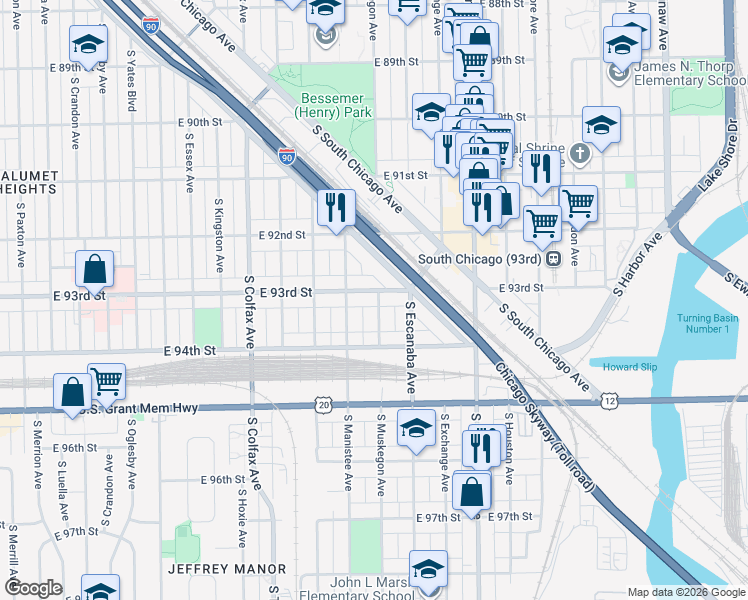 map of restaurants, bars, coffee shops, grocery stores, and more near 9327 South Muskegon Avenue in Chicago