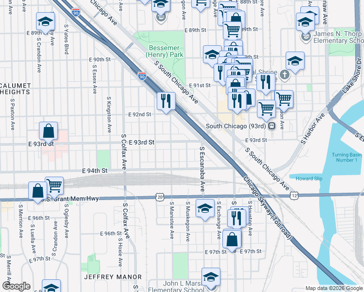 map of restaurants, bars, coffee shops, grocery stores, and more near 9327 South Muskegon Avenue in Chicago