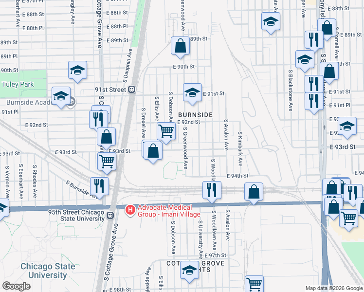 map of restaurants, bars, coffee shops, grocery stores, and more near 1107 East 93rd Street in Chicago