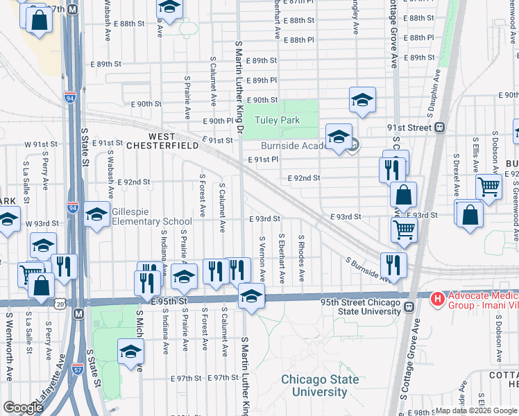 map of restaurants, bars, coffee shops, grocery stores, and more near 414 East 93rd Street in Chicago