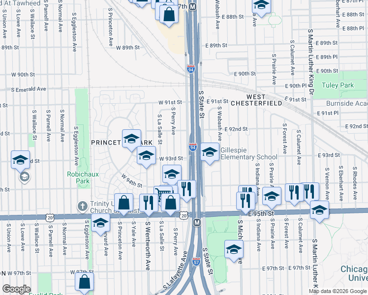 map of restaurants, bars, coffee shops, grocery stores, and more near 9260 South Lafayette Avenue in Chicago