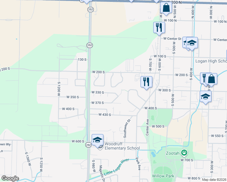 map of restaurants, bars, coffee shops, grocery stores, and more near 862 West 330 South in Logan