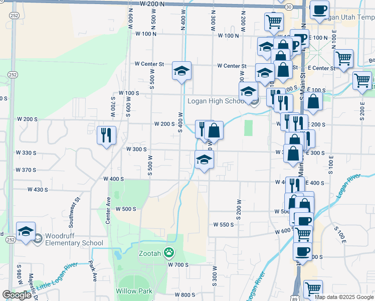 map of restaurants, bars, coffee shops, grocery stores, and more near 375 West 300 South in Logan