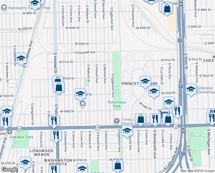 map of restaurants, bars, coffee shops, grocery stores, and more near 9251 South Normal Avenue in Chicago