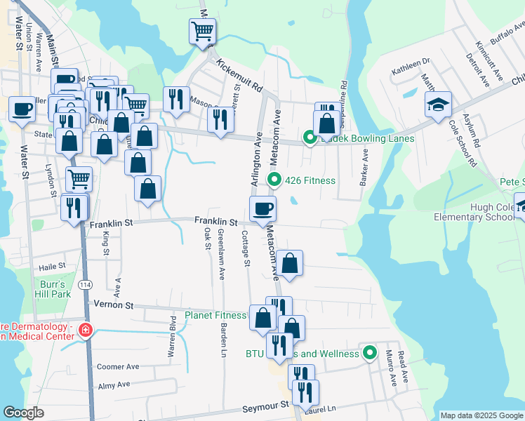 map of restaurants, bars, coffee shops, grocery stores, and more near 140 Franklin Street in Warren