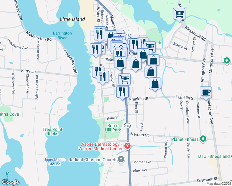 map of restaurants, bars, coffee shops, grocery stores, and more near 18 Longwharf Drive in Warren