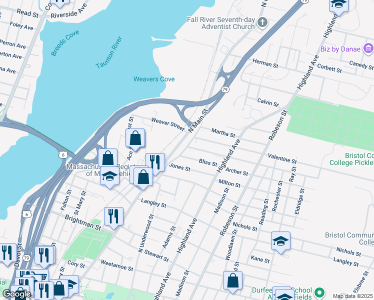 map of restaurants, bars, coffee shops, grocery stores, and more near 205 Crescent Street in Fall River